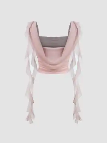 Mesh Quadrat-Ausschnitt Einfarbig Geraffter Rüschen-Saum Crop Tank Top