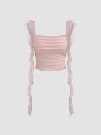 Mesh Quadrat-Ausschnitt Einfarbig Geraffter Rüschen-Saum Crop Tank Top