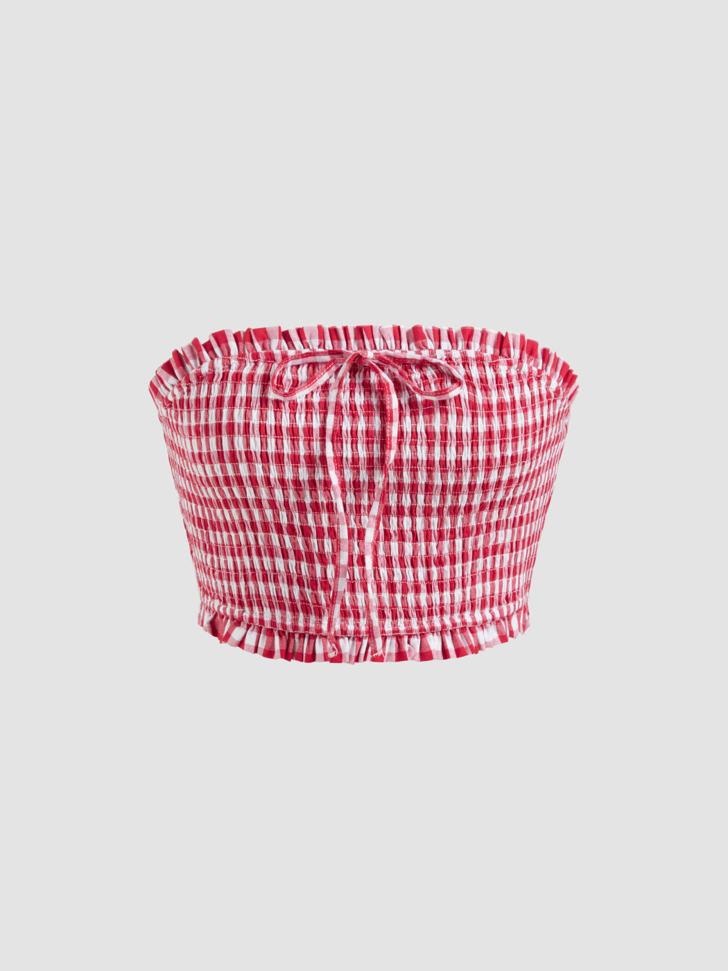 100% Cotton Gingham Shirred Knotted Crop Tube Top & Gingham Bubble Hem Knotted Mini Skirt Set