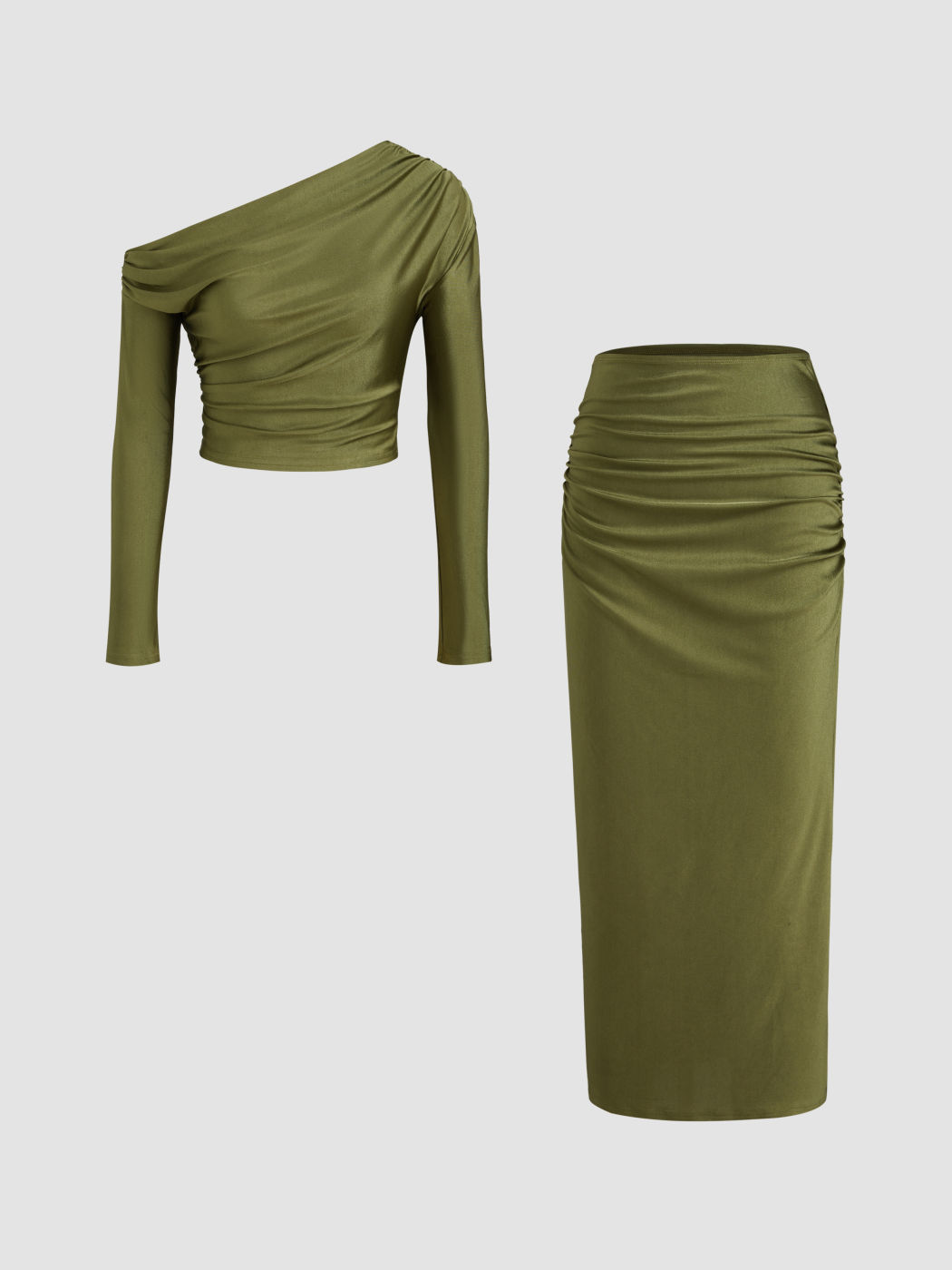 Asymmetrischer Ausschnitt Langarm Crop Top & Mid Rise Rüschen Maxirock