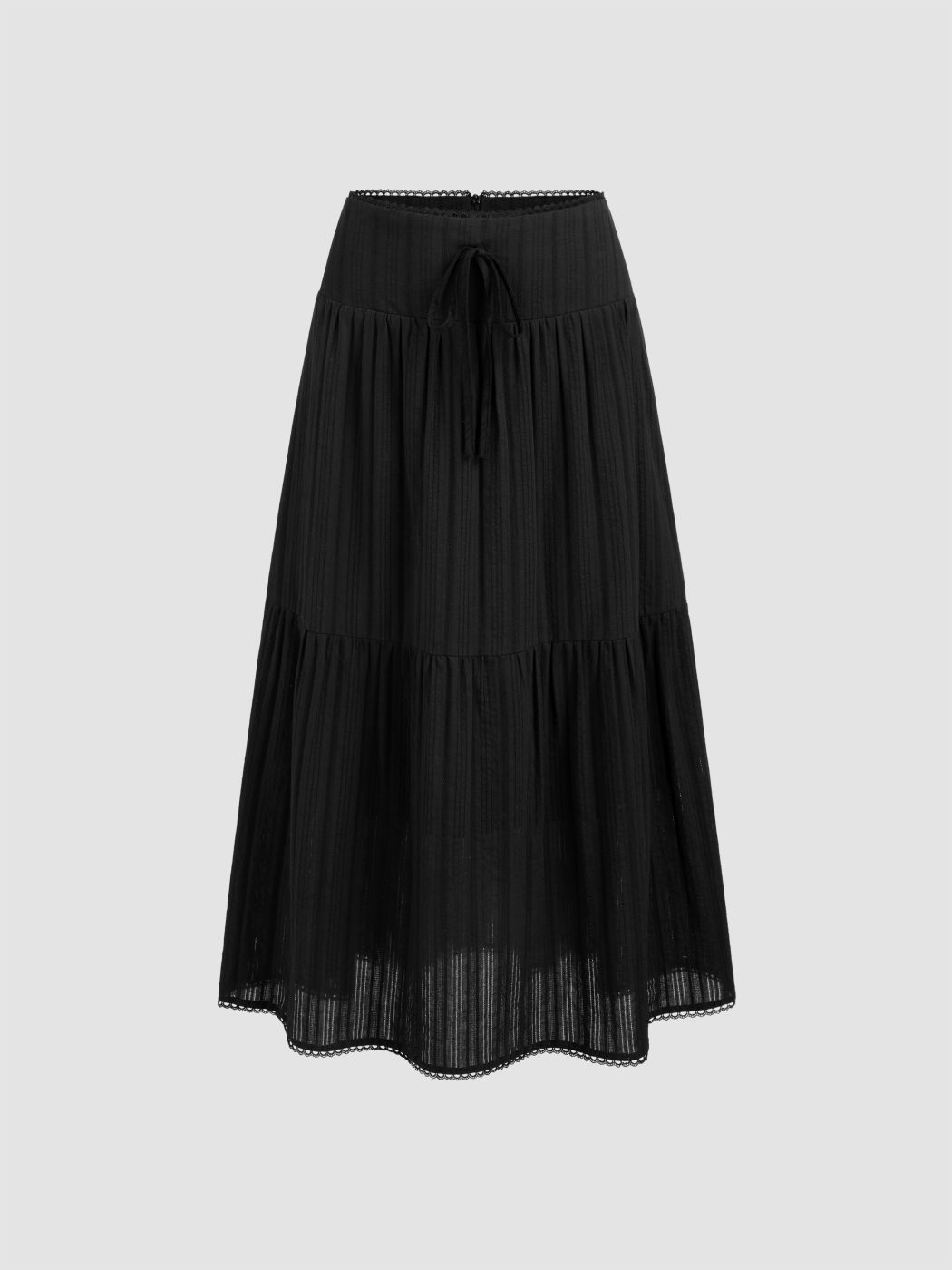 100% Cotton Mid Rise Solid Lace Trim Ruffle Knotted Maxi Skirt