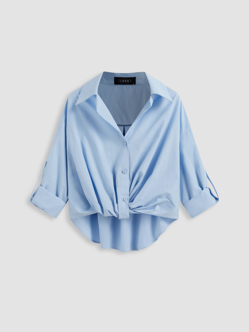 100% Cotton Collar Solid Knotted Long Sleeve Shirt
