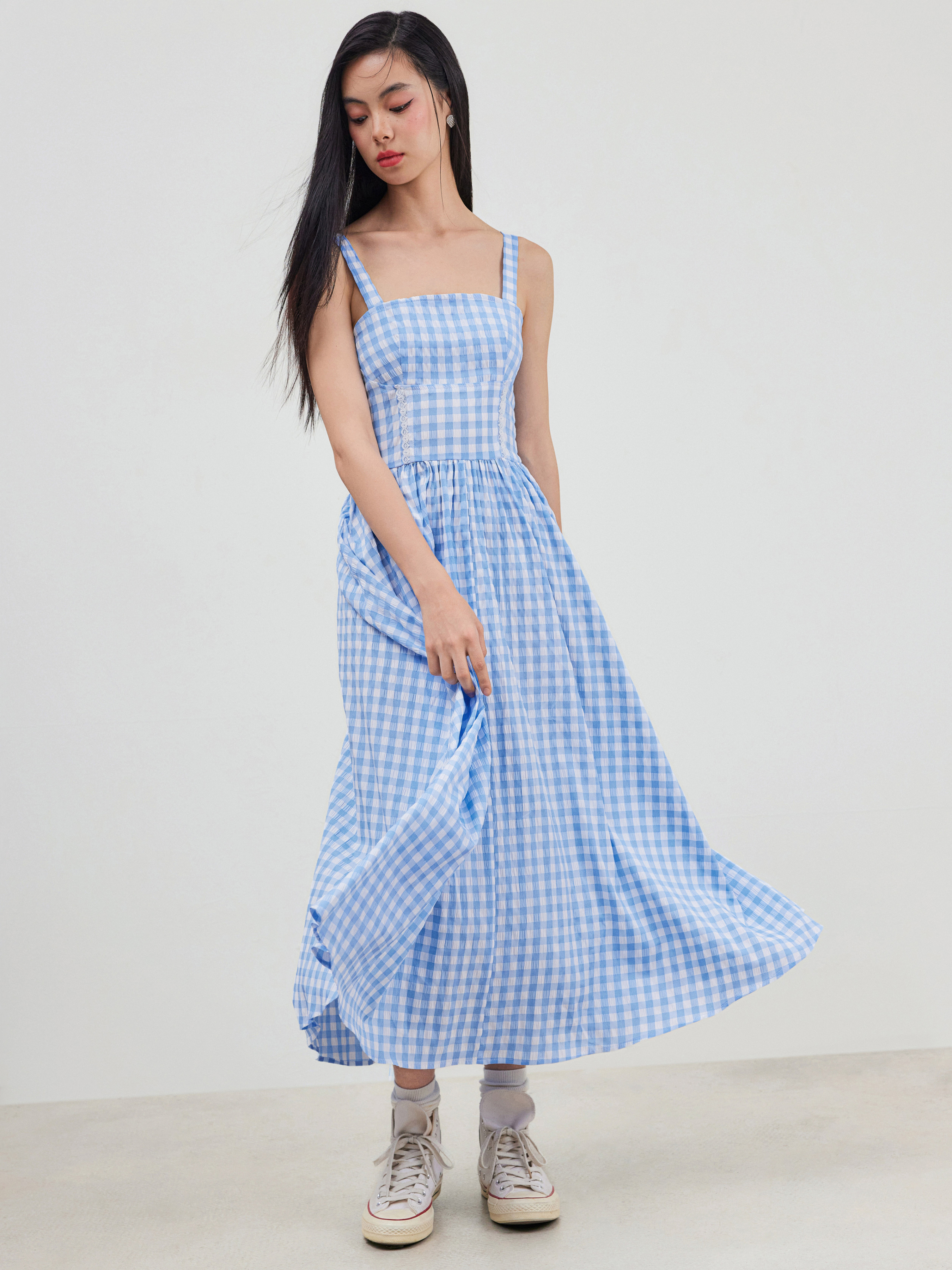 Woven Square Neck Gingham Lace Detail Zipper Maxi Dress For