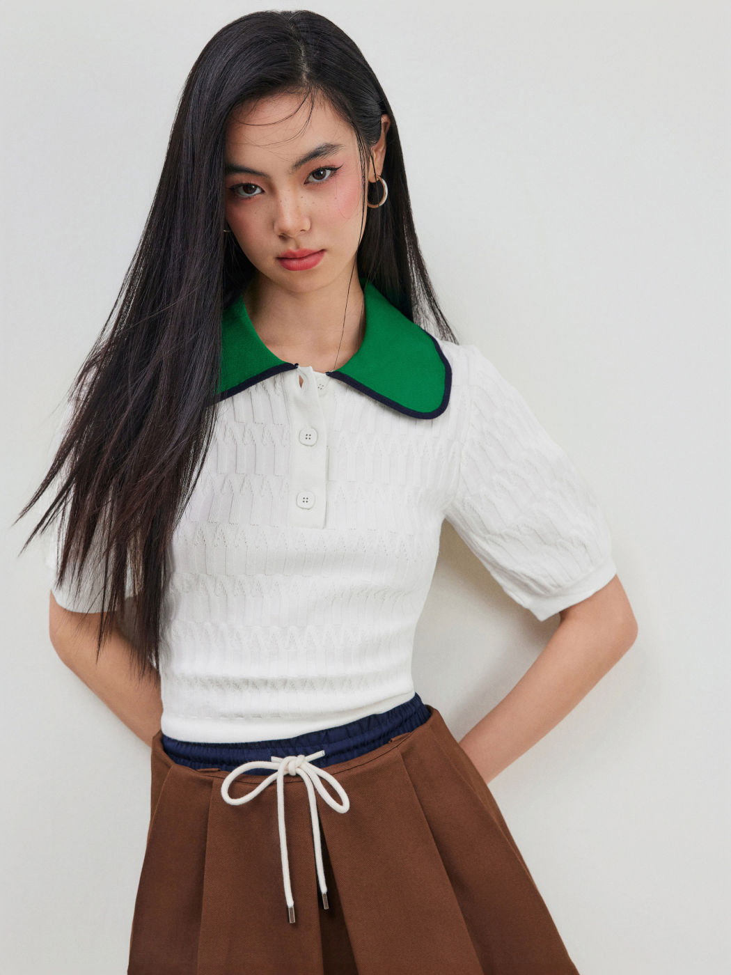 Knitted Polo Contrasting Binding Crop Short Sleeve Top