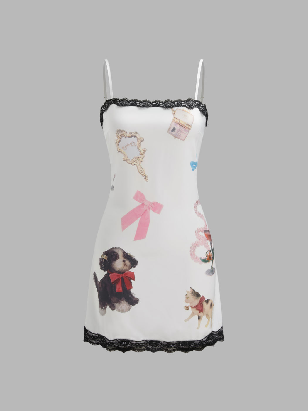 Satin Square Neck Accessories Graphic Lace Trim Mini Dress