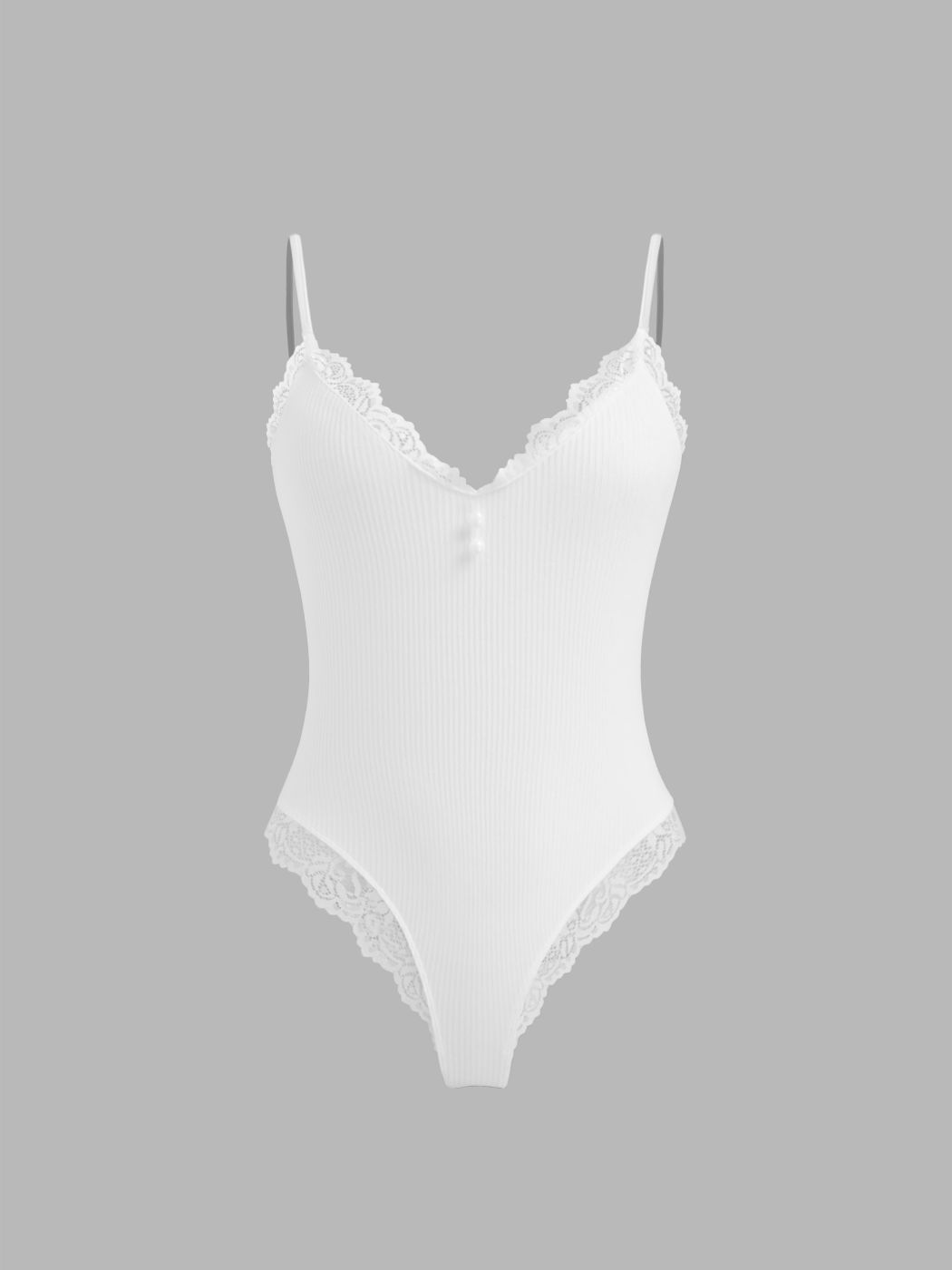 V-neck Solid Lace Trim Pearl Lounge Bodysuit