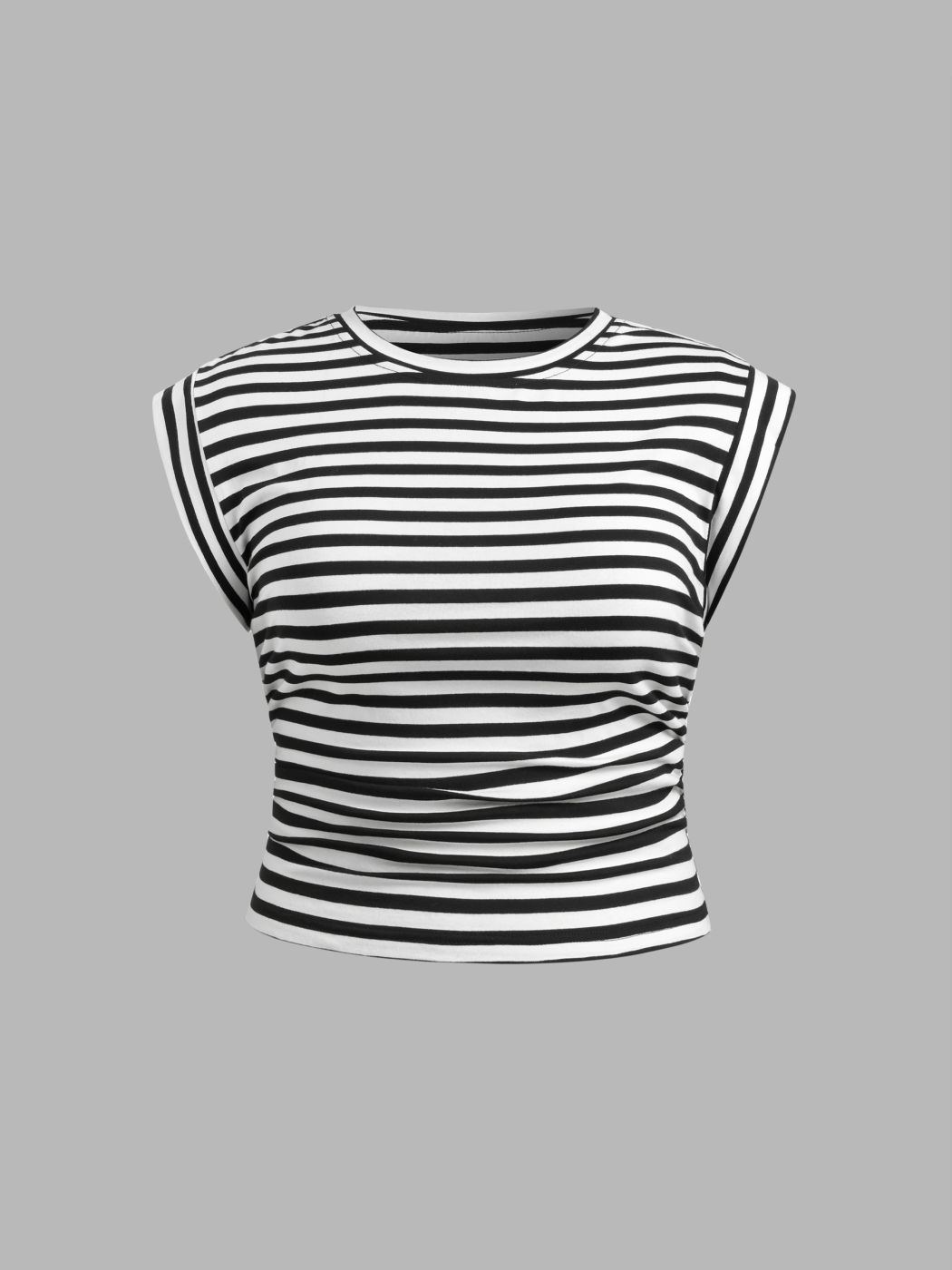 100% Cotton Round Neckline Striped Ruched Top Curve & Plus