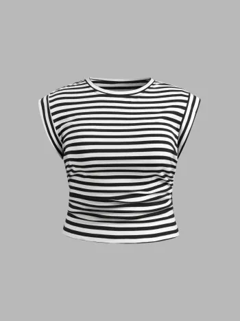 100% cotone Scollo rotondo Top increspato a righe Curve & Plus