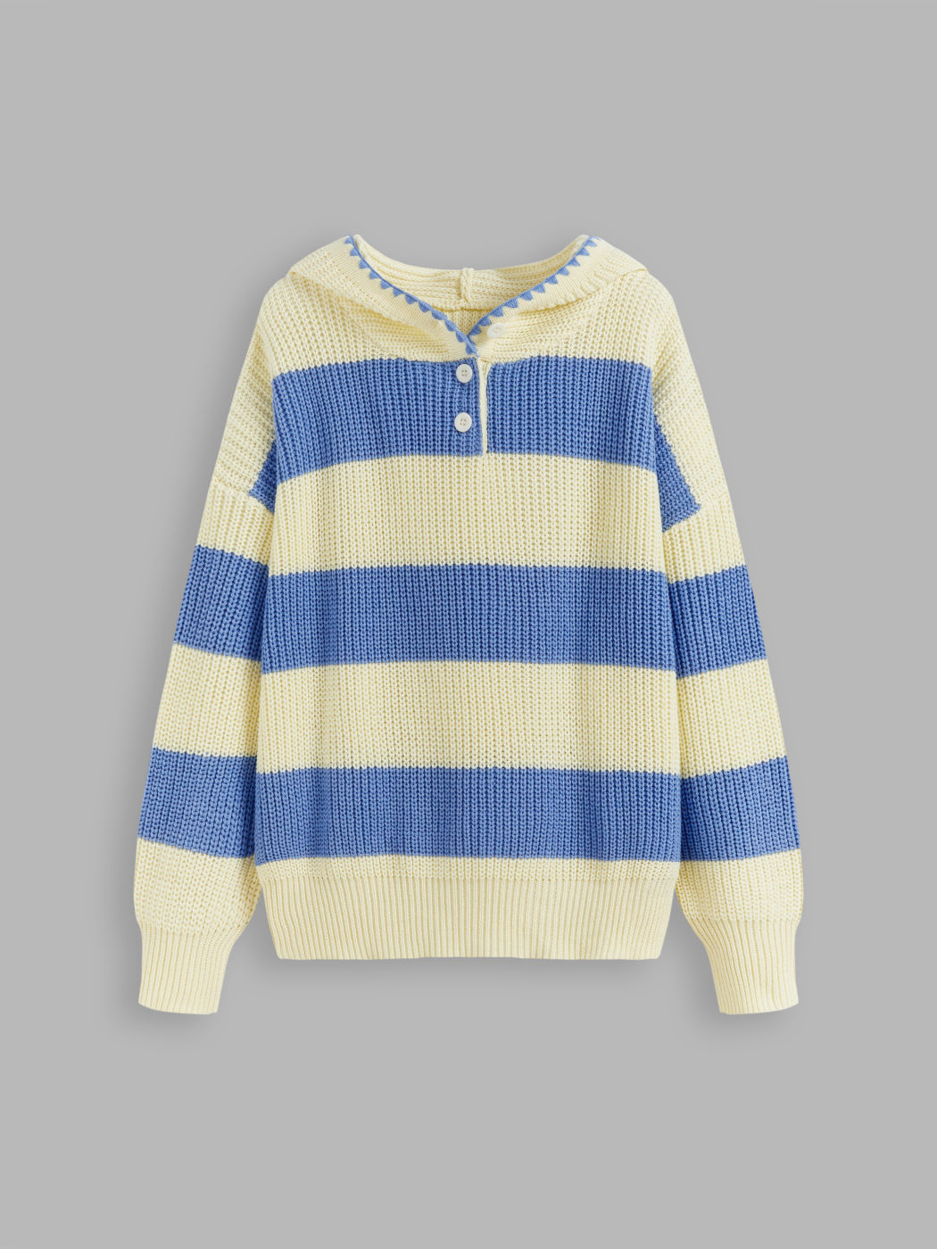 Knit Hooded Striped Button Long Sleeve Top