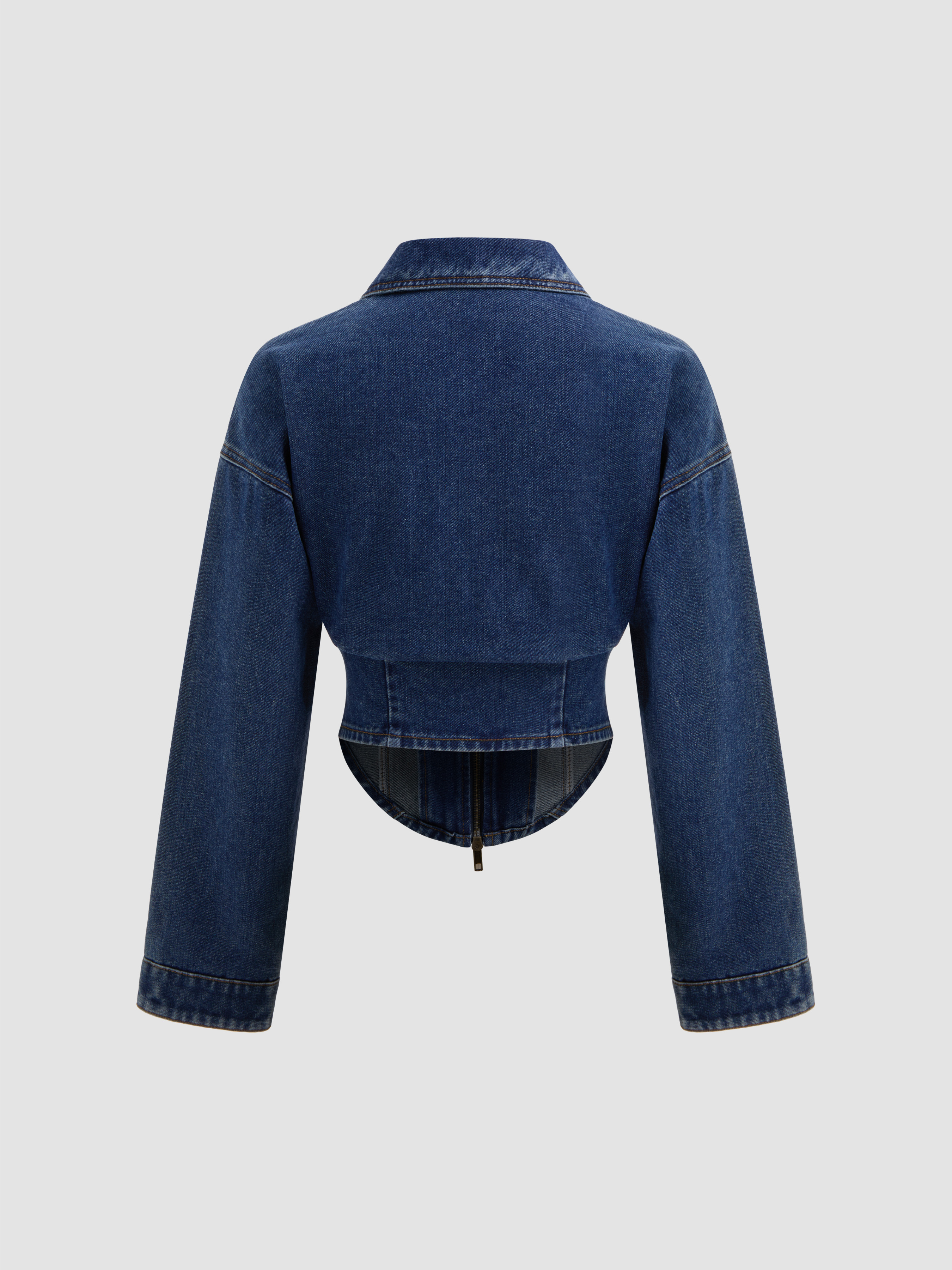 Denim Denim Collar Solid Corset Zipper Jacket For Daily Casual