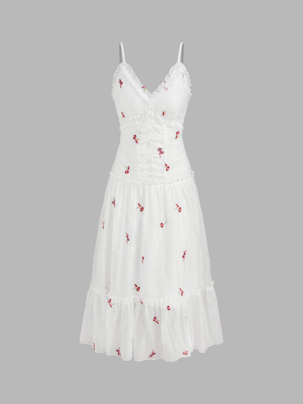 V-Ausschnitt Blumenschleife Stickerei Rüschen Maxikleid