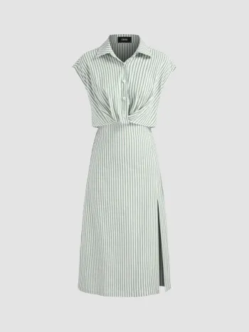 Robe chemise mi-longue à rayures en coton mélangé