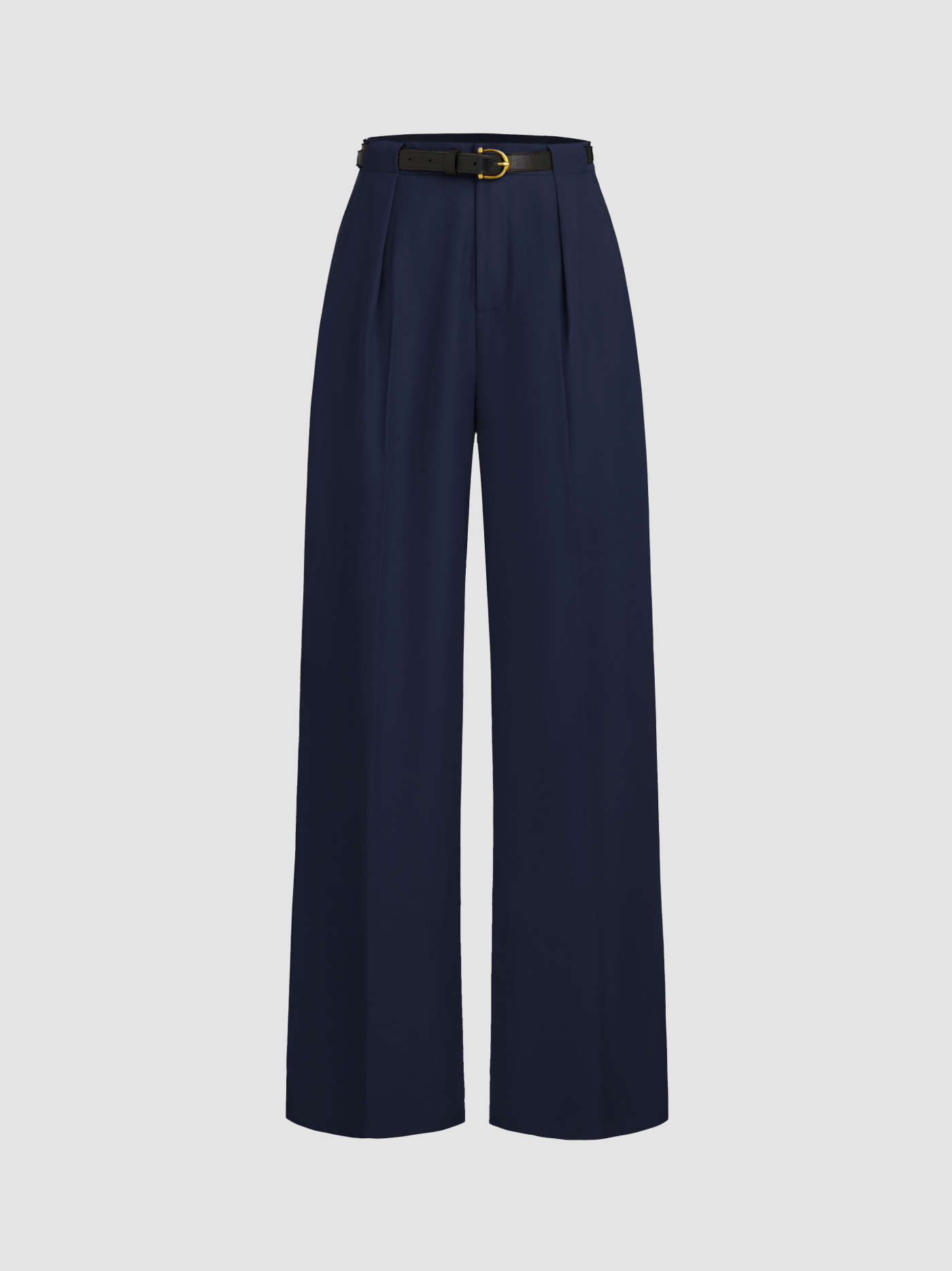 Mid Waist Solid Pocket Straight Leg Trousers With Belt