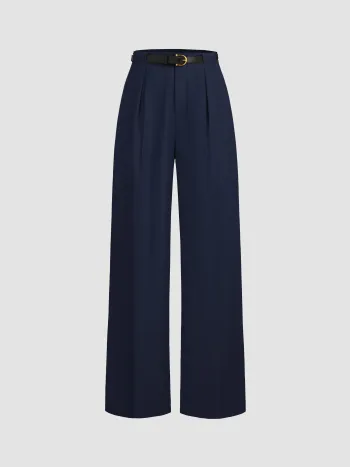 Mittelhohe einfarbige Hose mit Taschen und geraden Beinen und Gürtel