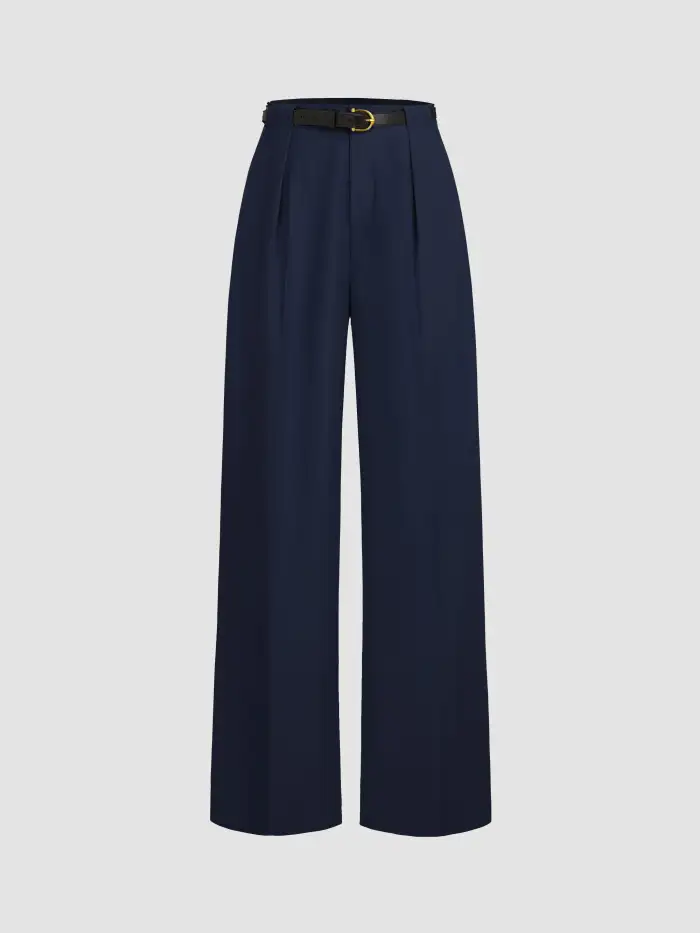 Petite Mid Rise Solid Wide Leg Trousers With Belt