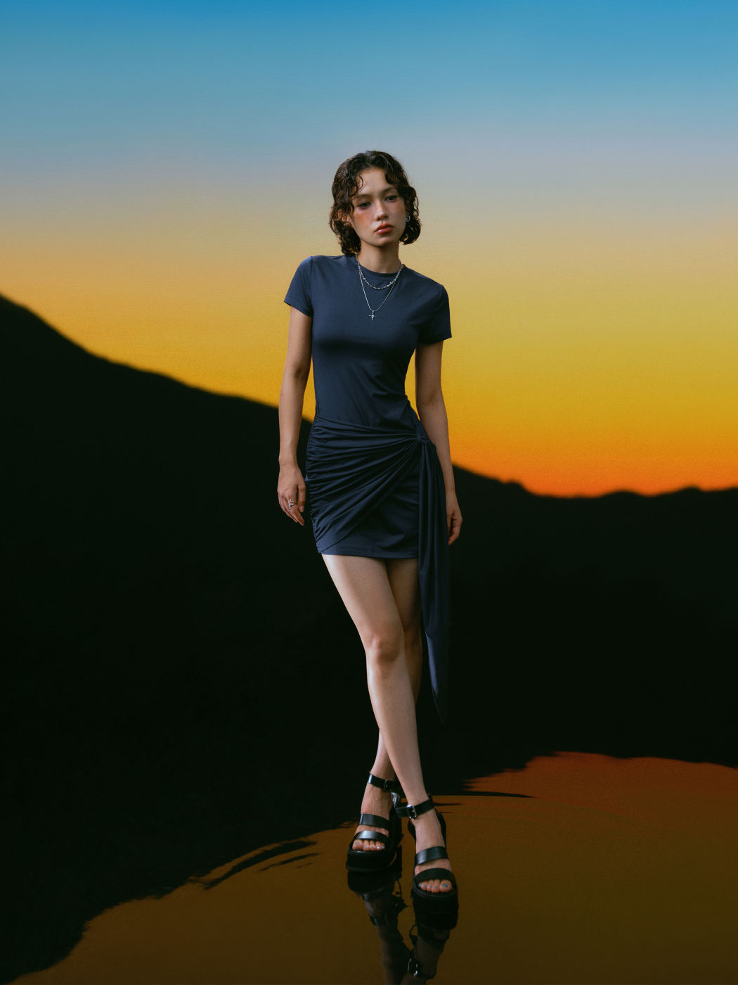 Round Neckline Solid Ruched Mini Dress