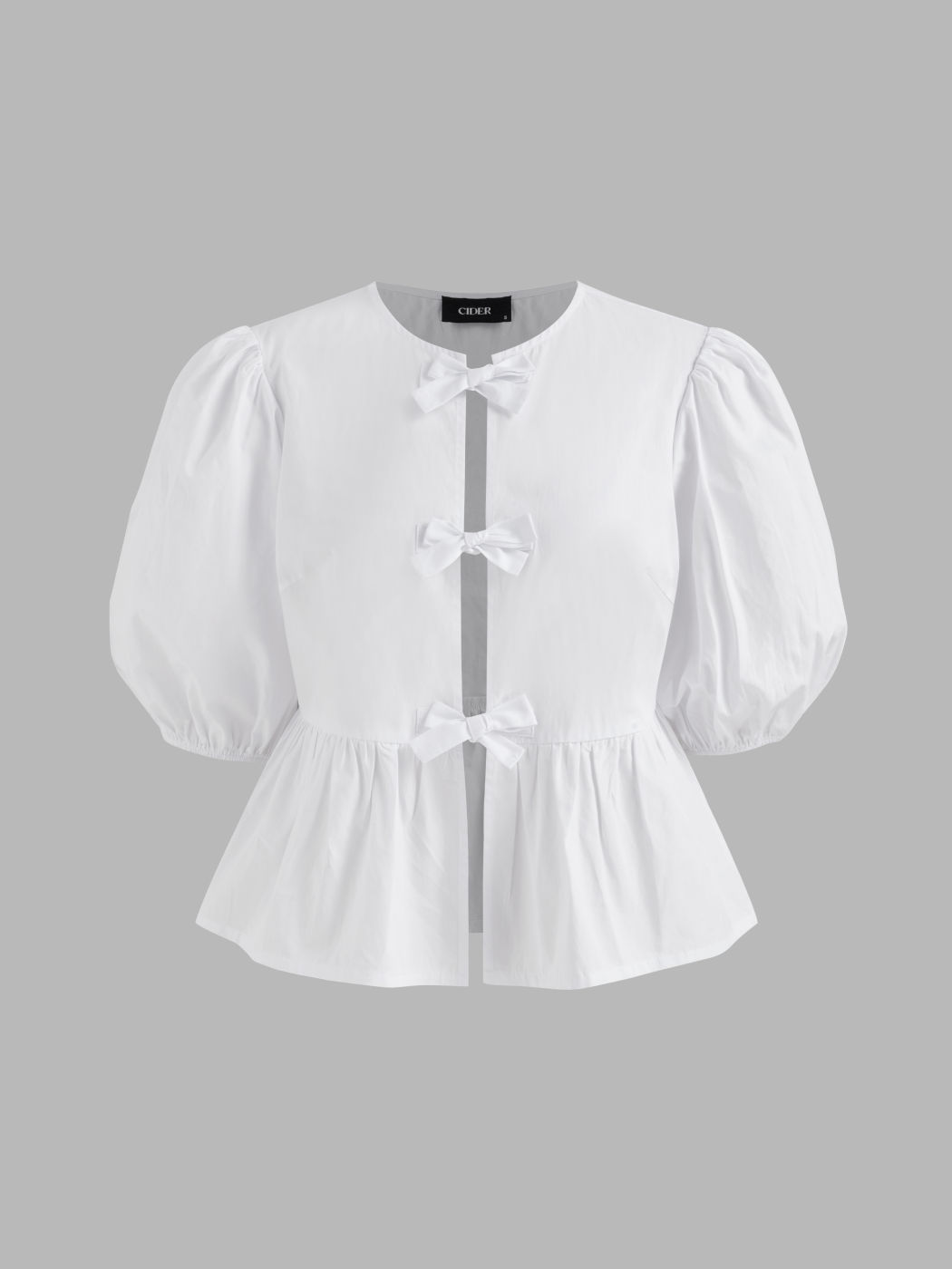 100% Cotton Round Neck Solid Bowknot Ruffle Hem Puff Sleeve Blouse