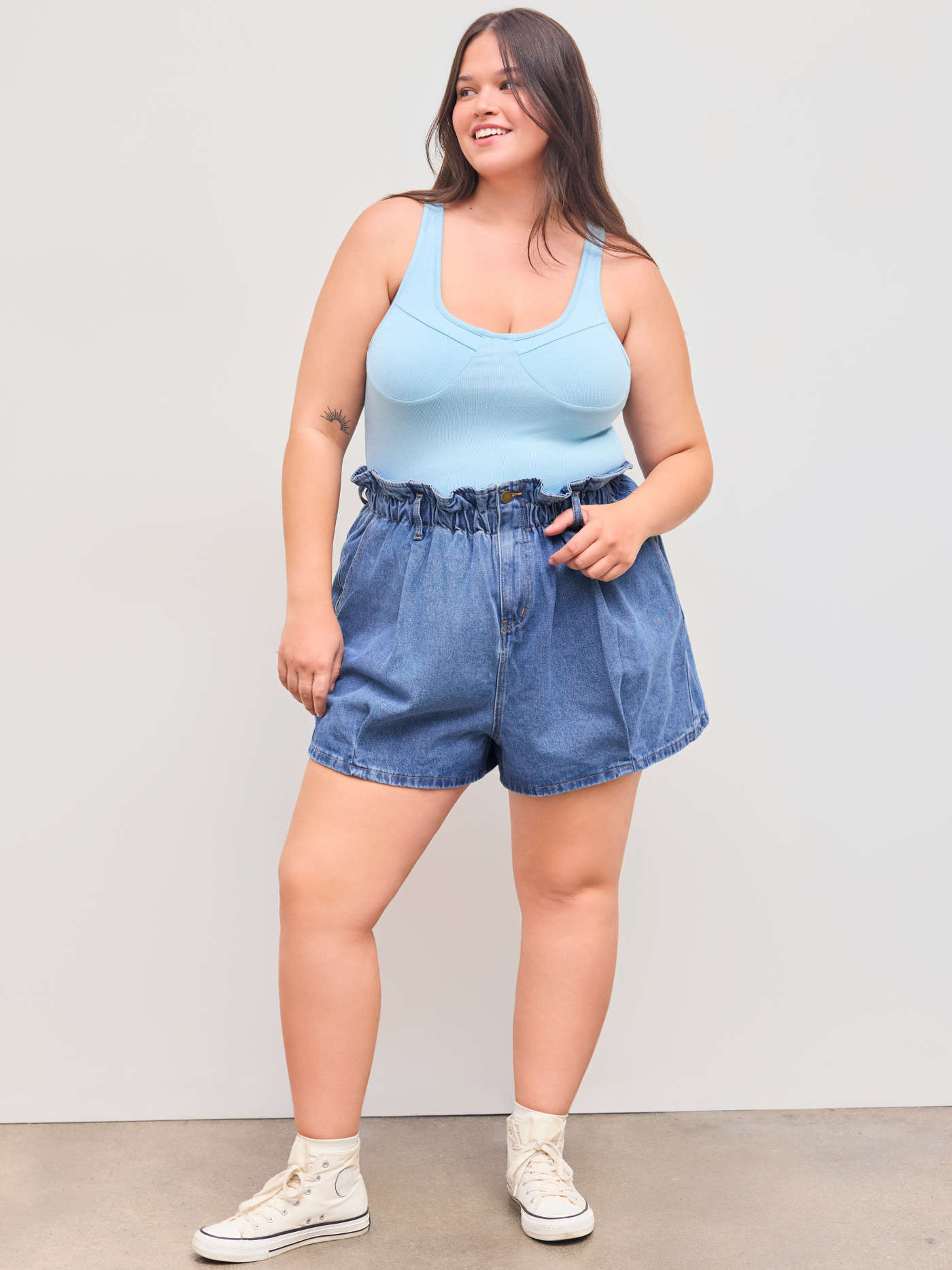 Denim Mid Rise Paperbag Waist Solid Pocket Shorts Curve & Plus