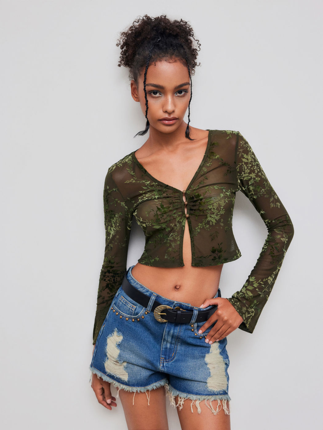 V-neck Floral See-through Cropped Bell Sleeve Blouse