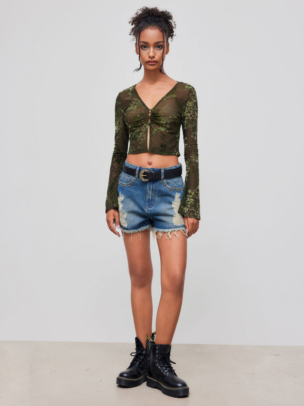 V-neck Floral See-through Cropped Bell Sleeve Blouse