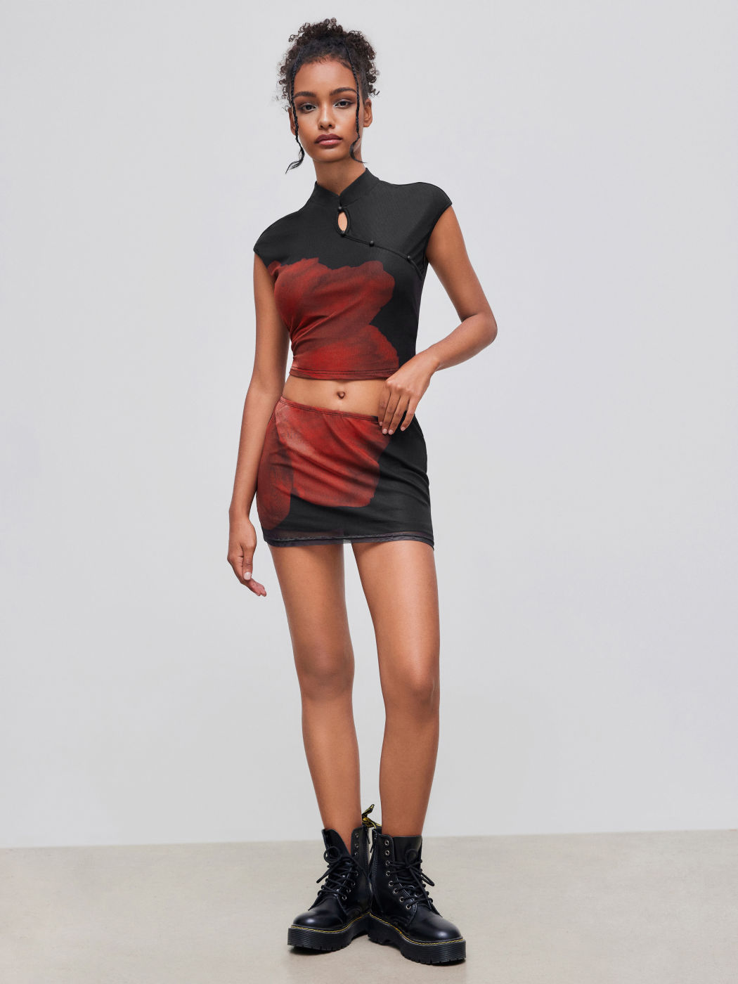 Mesh Mandarin Collar Floral Crop Top With Mid Rise Floral Mini Skirt