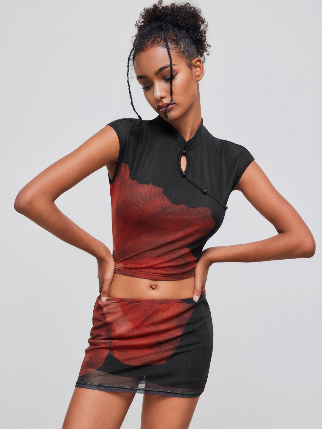 Mesh Mandarin Collar Floral Crop Top With Mid Rise Floral Mini Skirt