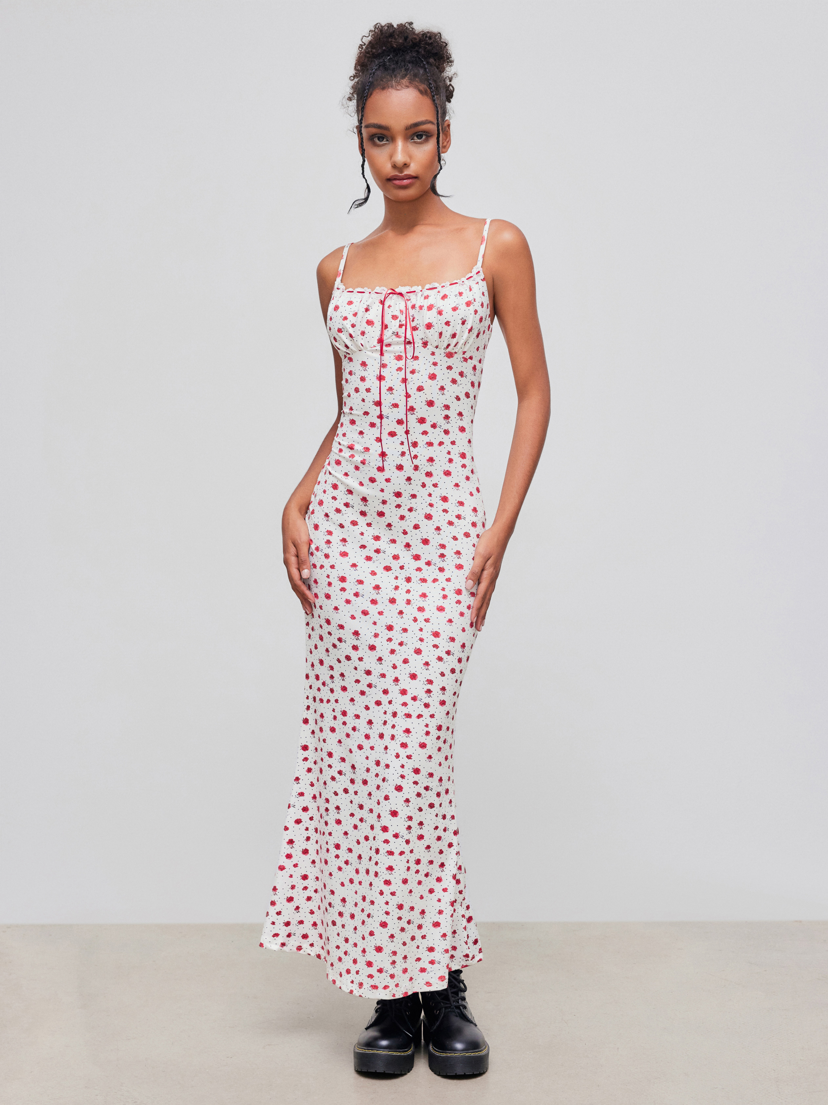 Jersey Square Neck Rose Print Knotted Maxi Dress For Date