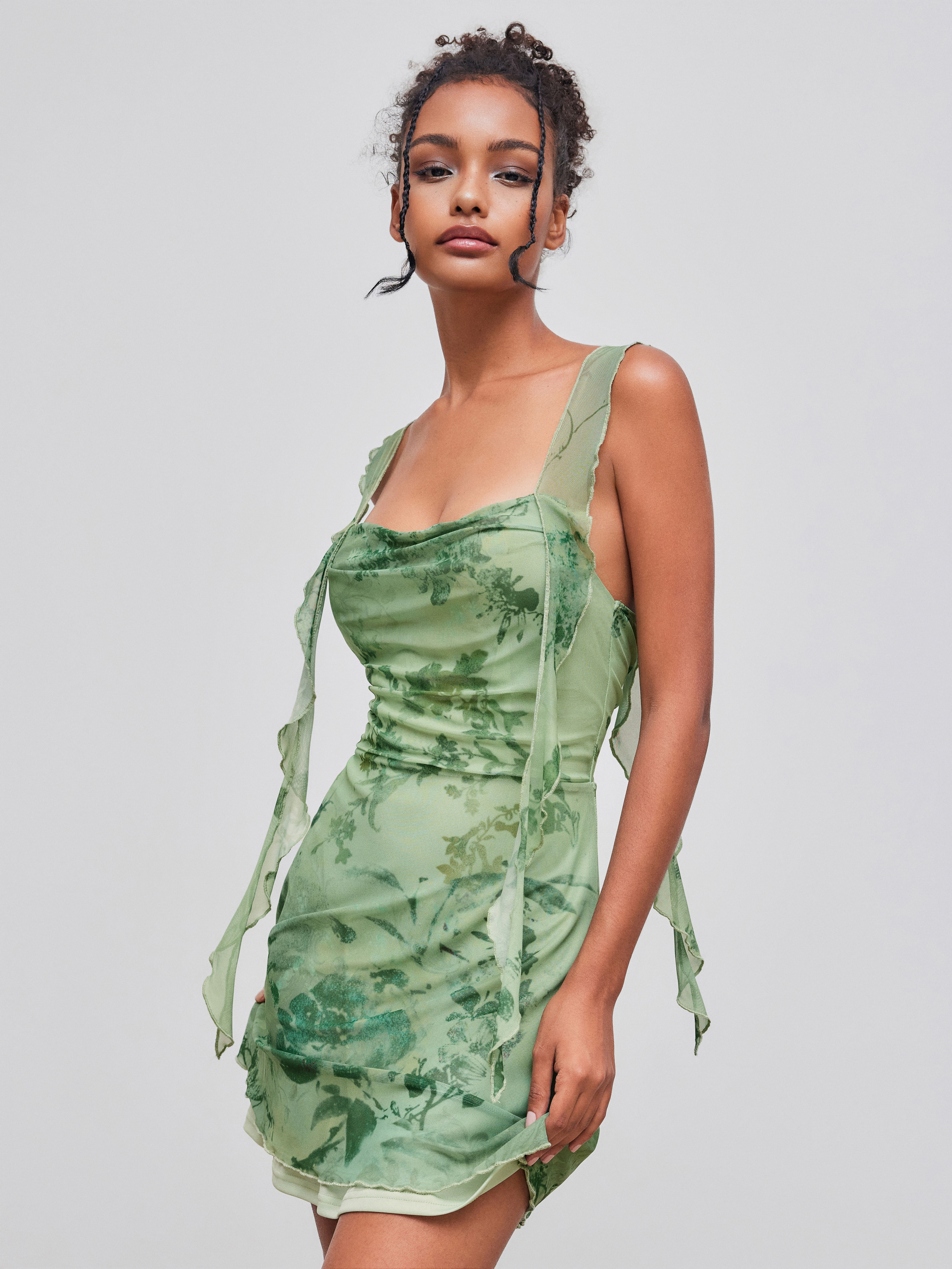 Mesh Mesh Cowl Neck Floral Ruffle Hem Ruched Mini Dress For