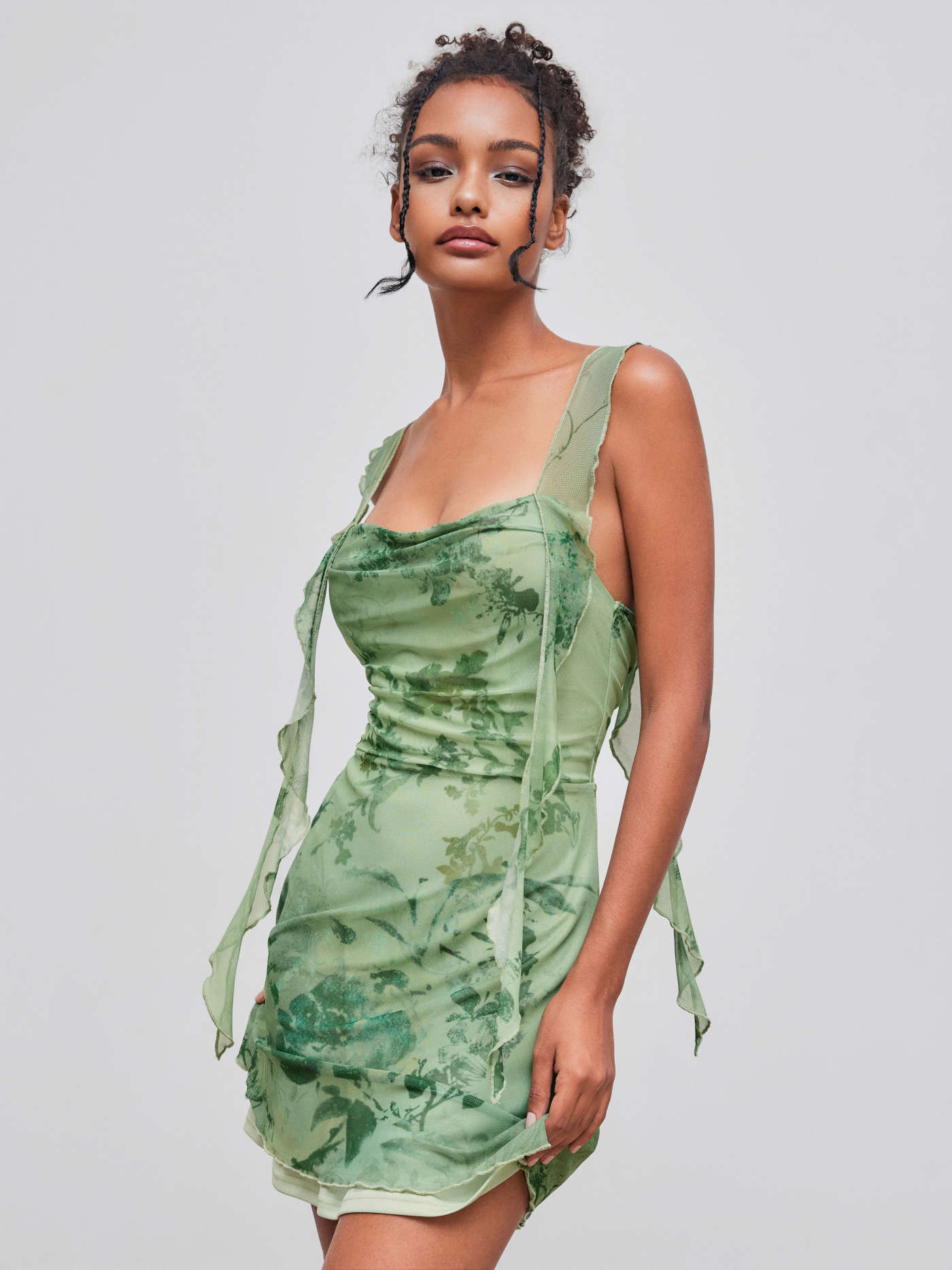 Mesh Mesh Cowl Neck Floral Ruffle Hem Ruched Mini Dress For Vacation