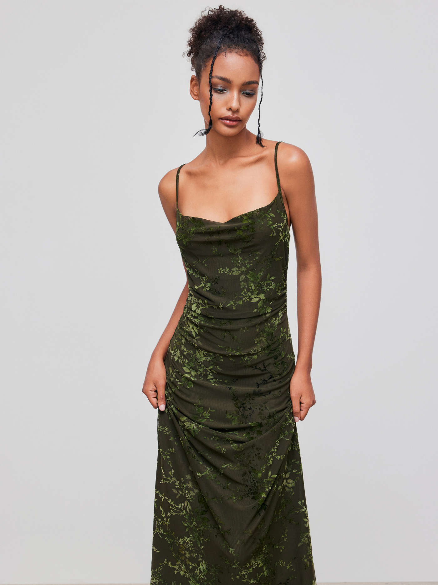 Jacquard Cowl Neck Floral Ruched Maxi Dress
