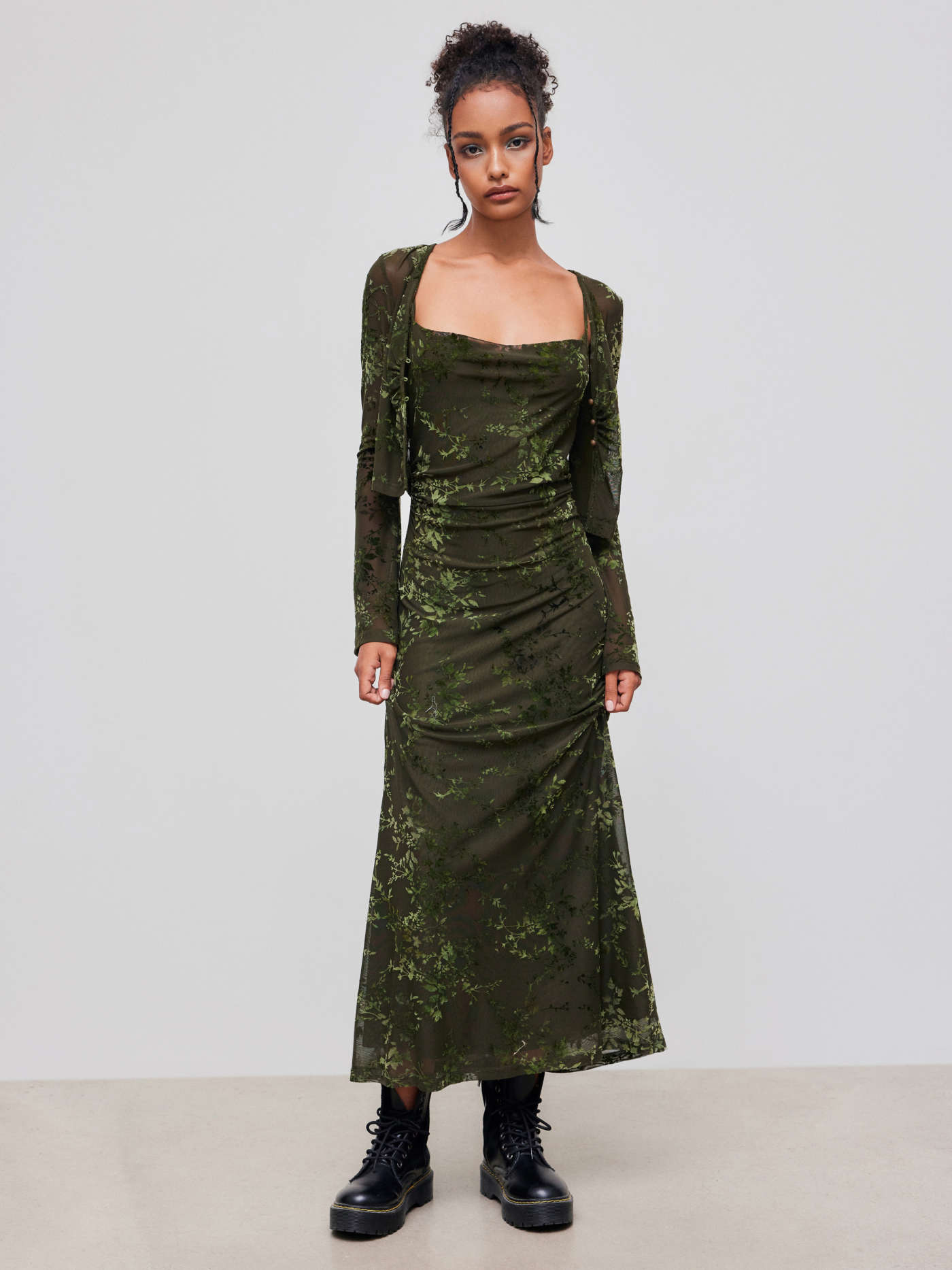 Jacquard Cowl Neck Floral Ruched Maxi Dress