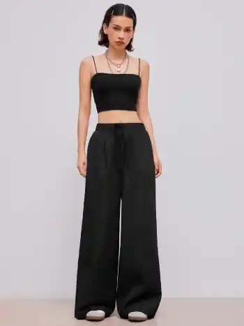 Cotton-blend Mid Rise Solid Elastic Waist Pocket Straight Leg Pants