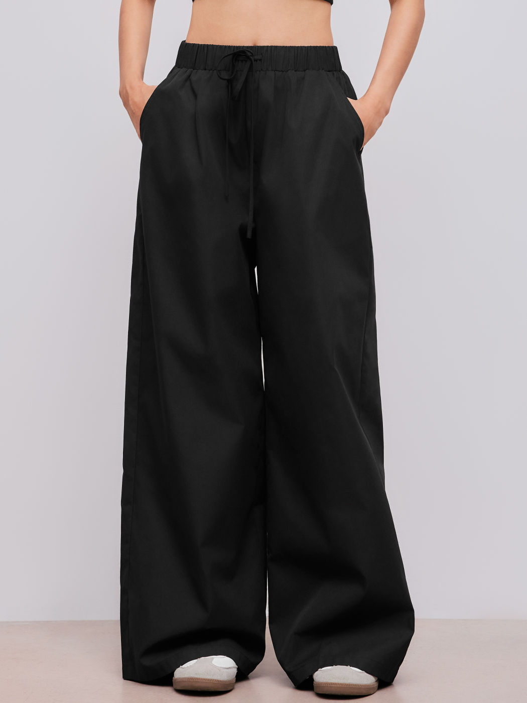 Cotton-blend Mid Rise Solid Elastic Waist Pocket Straight Leg Pants
