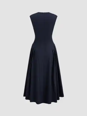V-neck Solid Pleated Sleeveless Maxi Dress