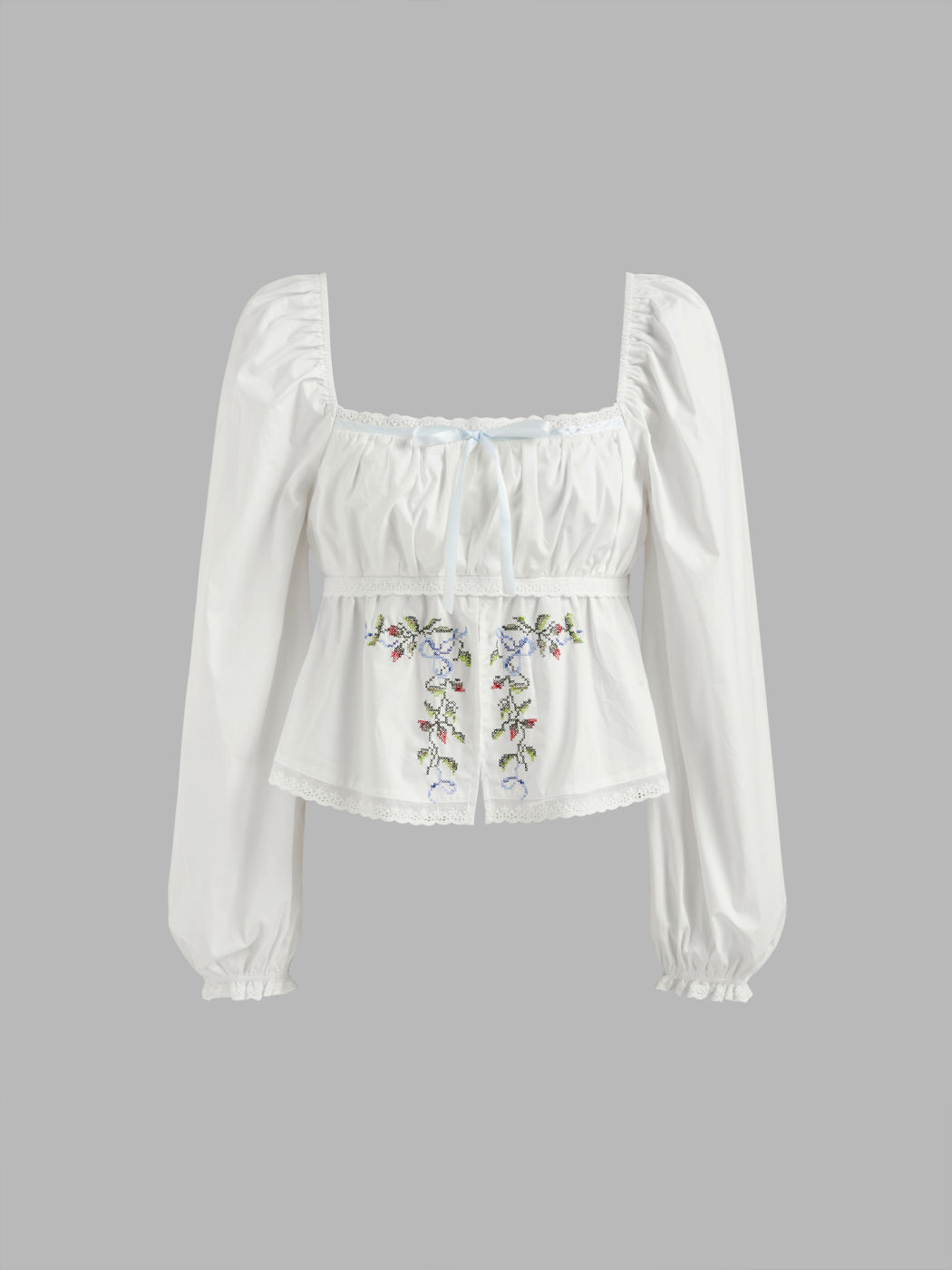 100% Cotton Square Neck Floral Embroidery Bowknot Broderie Anglaise Trim Long Sleeve Blouse