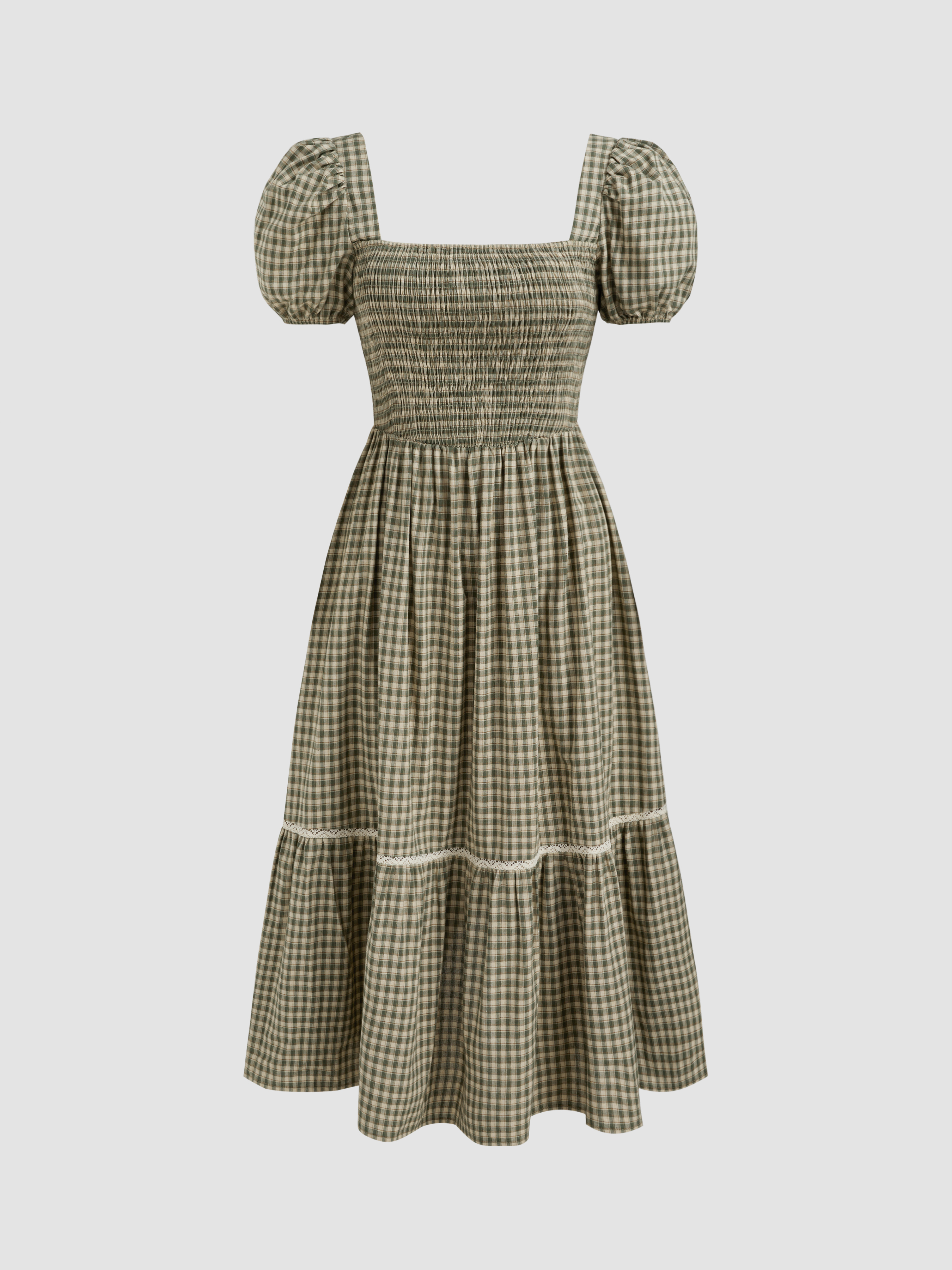Woven Square Neck Gingham Shirred Ruffle Puff Sleeve Maxi