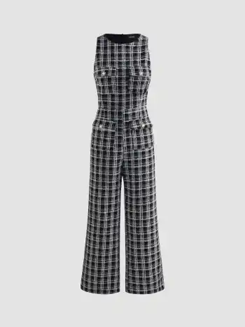 Tweed Rundhalsausschnitt Karo-Taschen Overall