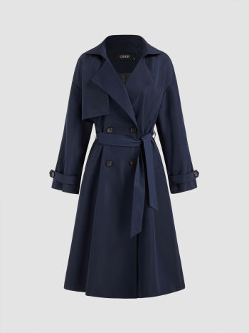 Collar Solid Button Pocket Trench Coat With Belt