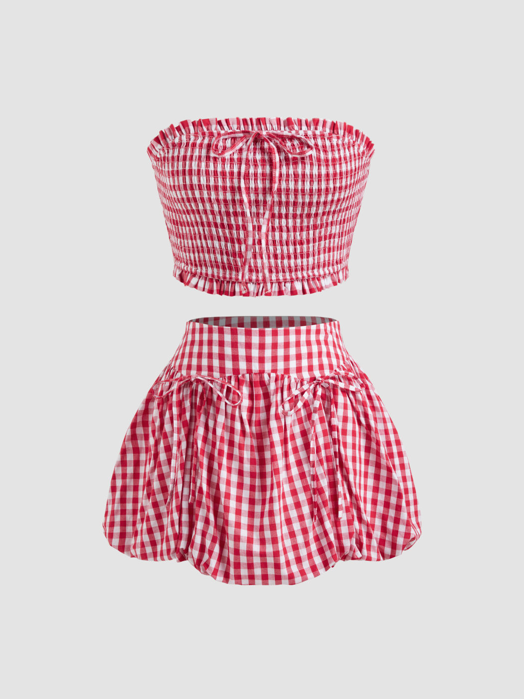100% Cotton Gingham Shirred Knotted Crop Tube Top & Gingham Bubble Hem Knotted Mini Skirt Set