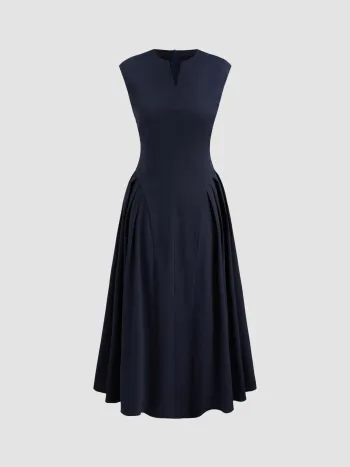 V-neck Solid Pleated Sleeveless Maxi Dress