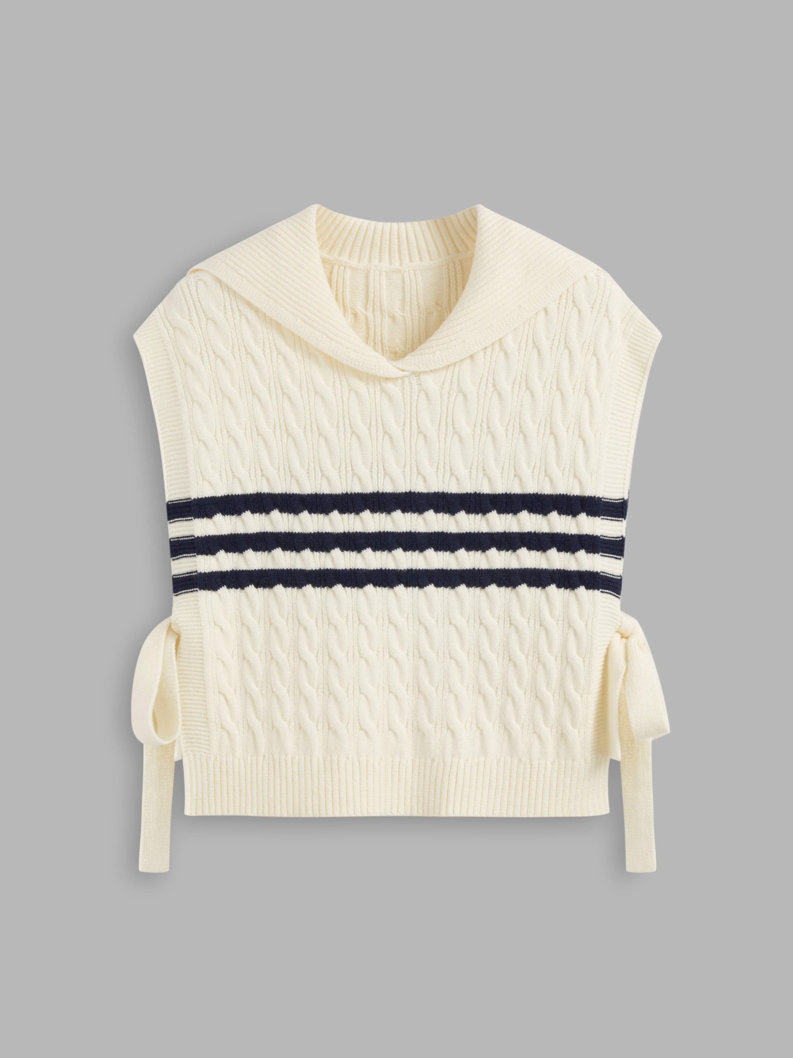 Sweater Vest Knit Fabric Cable Knit Collar Striped Knotted Vest