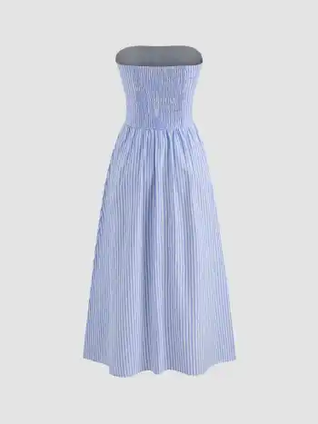 Tube Gingham Ruffle Shirred Zipper Midi Dress