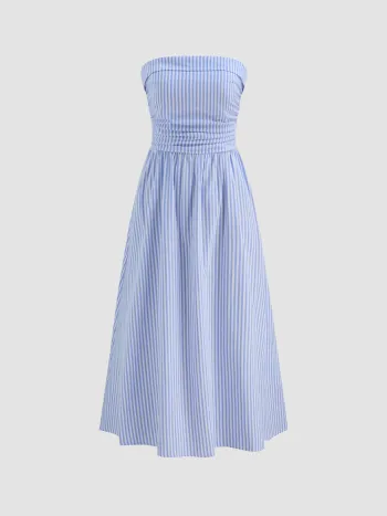 Tube Gingham Ruffle Shirred Zipper Midi Dress