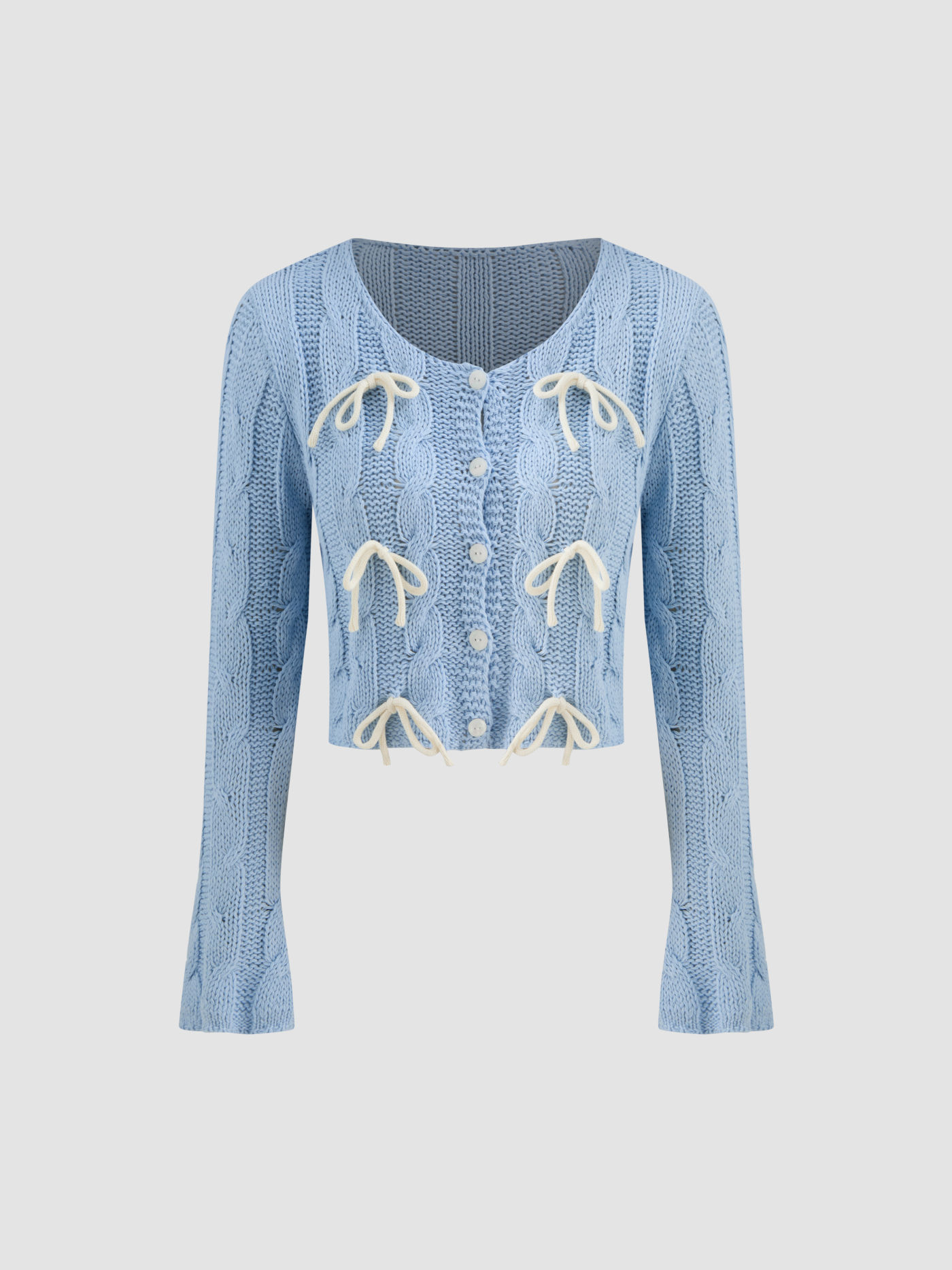 Cable Knit Round Neckline Solid Bowknot Button Cardigan