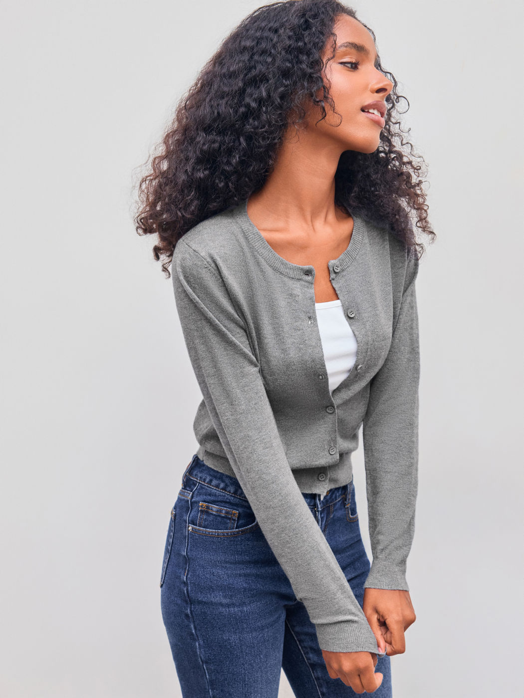 Knit Round Neckline Solid Button Cardigan