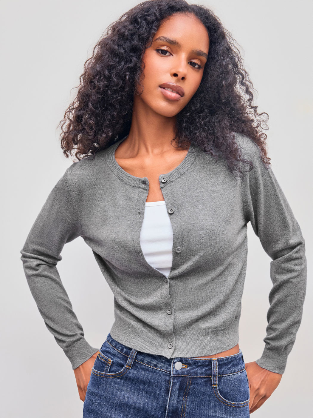 Knit Round Neckline Solid Button Cardigan