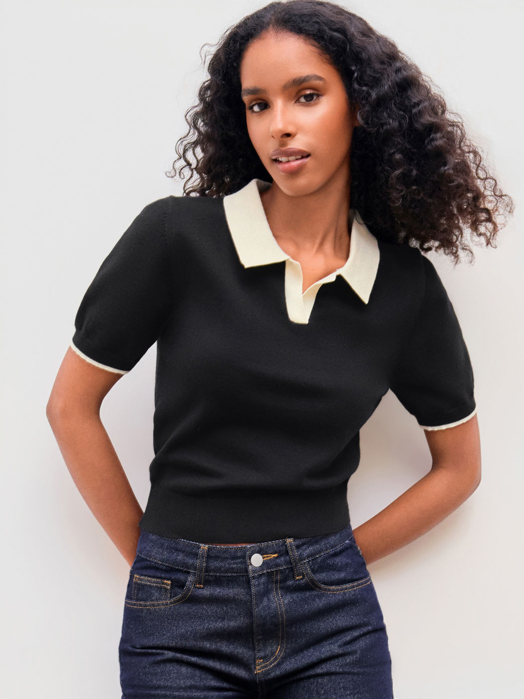 Knit Polo Contrasting Binding Short Sleeve Top