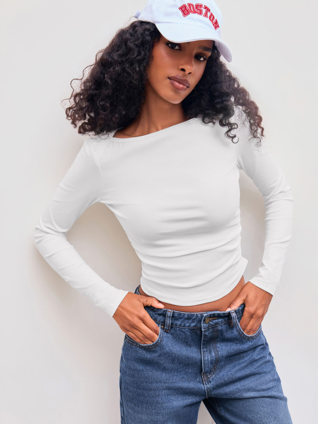 Cotton-blend Boat Neck Solid Ruched Long Sleeve Tee