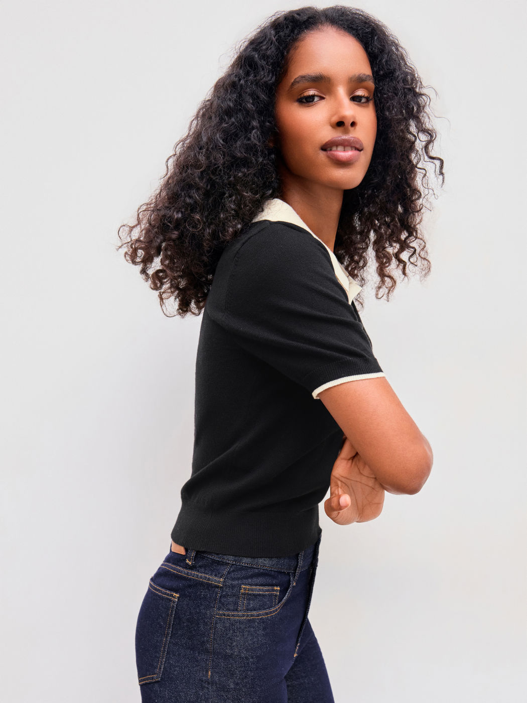 Knit Polo Contrasting Binding Short Sleeve Top