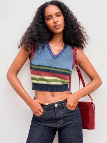  Gestricktes V-Ausschnitt Crop Top & Cami Streifen Grafik